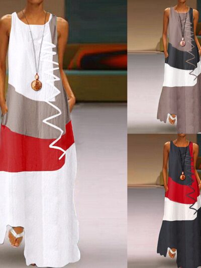 Vintage Patchwork Print Casual Maxi Sleeveless Long Dress
