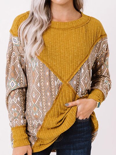 Orange Geometric Print Ribbed Knit Top