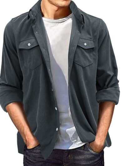 Casual Button-Up Long Sleeve Collared Shirt with Pockets