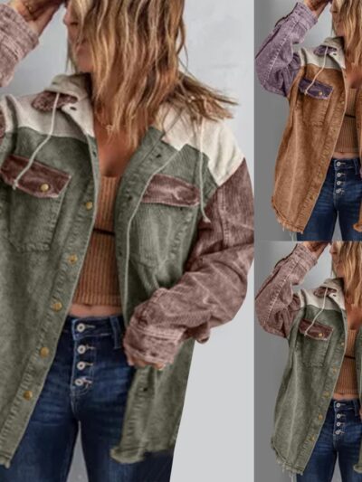 Women's Hooded Drawstring Long Sleeve Button Down