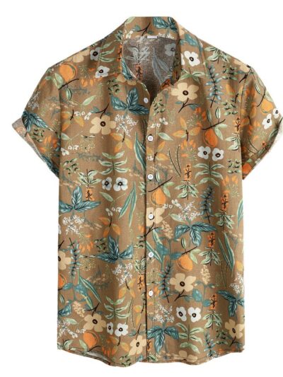Vintage Print Button-Up Short Sleeve Men’s Collared Shirt